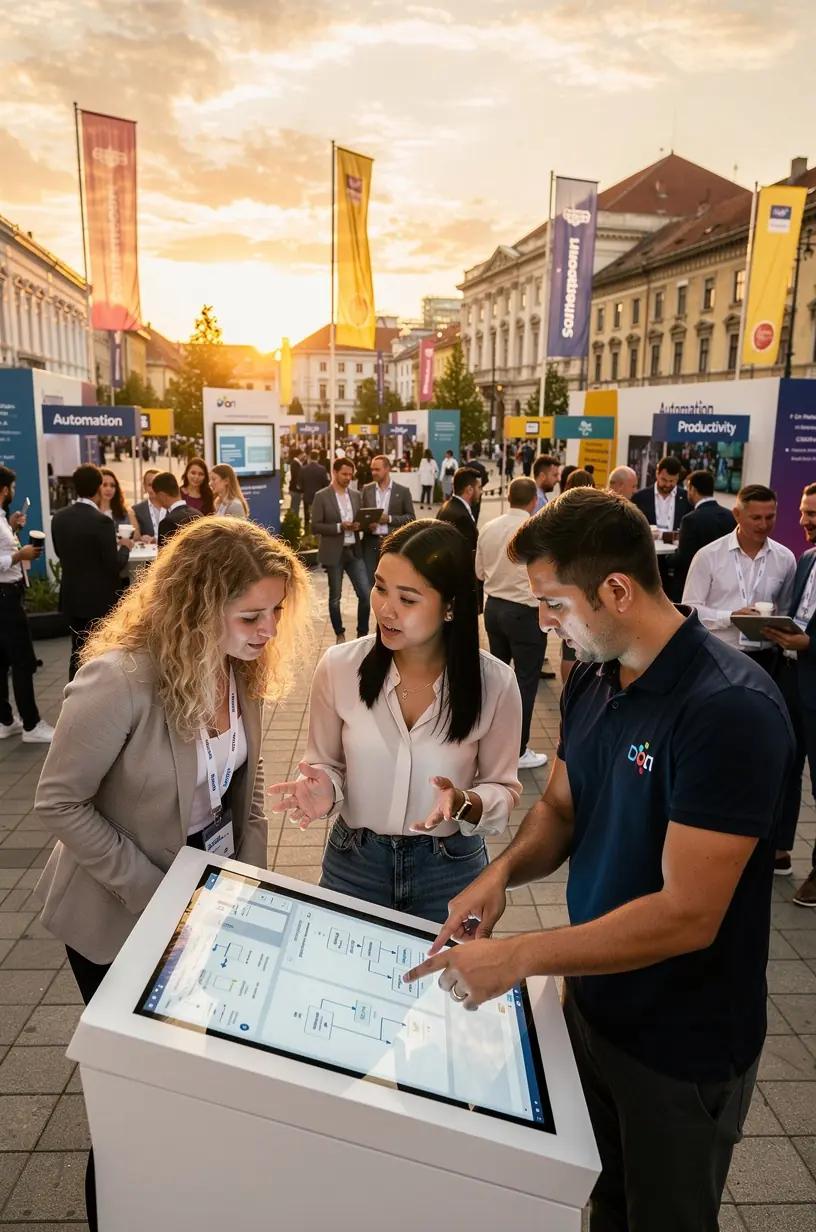 Imagine conceptuală cu o echipă de profesioniști analizând date și strategii pentru creșterea eficienței prin automatizare software.